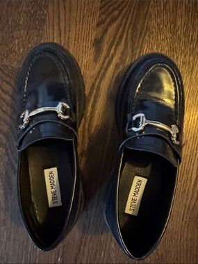 Steve Madden Black Patent Loafers with Silver Buckle